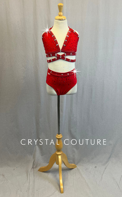 Red Strappy Back Top and Trunks - Rhinestones