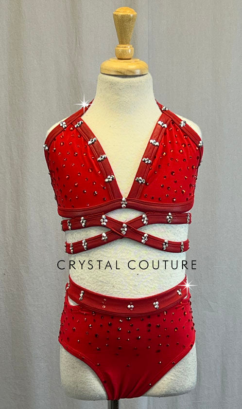 Red Strappy Back Top and Trunks - Rhinestones