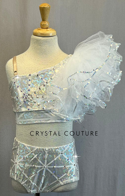 Silver Holographic Two Piece with Asymmetric Tulle Shoulder - Rhinestones