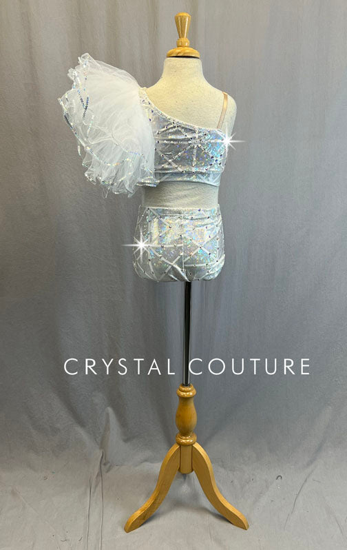 Silver Holographic Two Piece with Asymmetric Tulle Shoulder - Rhinestones