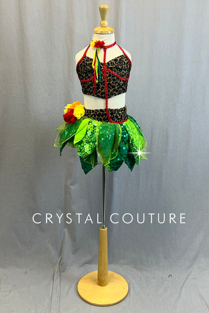 Custom Animal Print Two Piece with Leafy Textured Skirt - Rhinestones