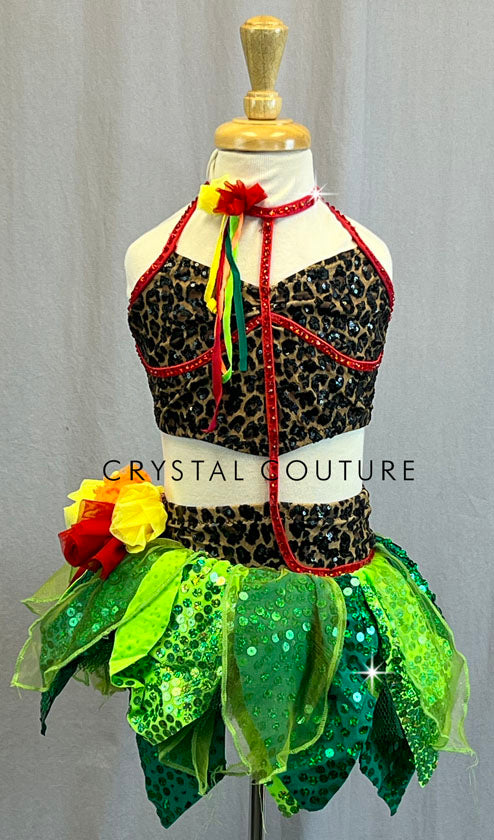 Custom Animal Print Two Piece with Leafy Textured Skirt - Rhinestones