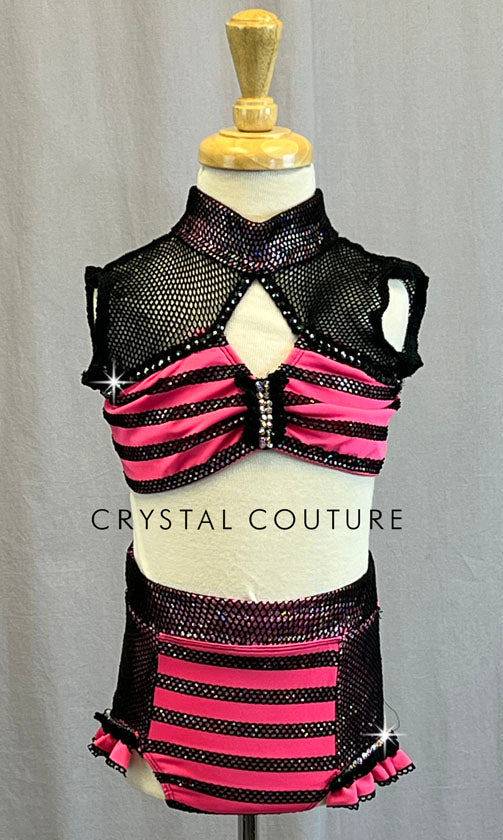 Custom Pink & Black Fishnet Striped Two Piece - Rhinestones