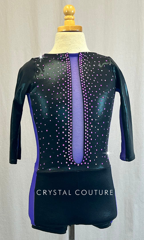 Purple and Black Colorblock Biketard - Rhinestones