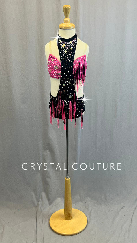 Custom Hot Pink and Black Connected Two Piece with Fringe Bundles - Rhinestones