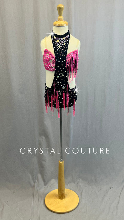 Custom Hot Pink and Black Connected Two Piece with Fringe Bundles - Rhinestones