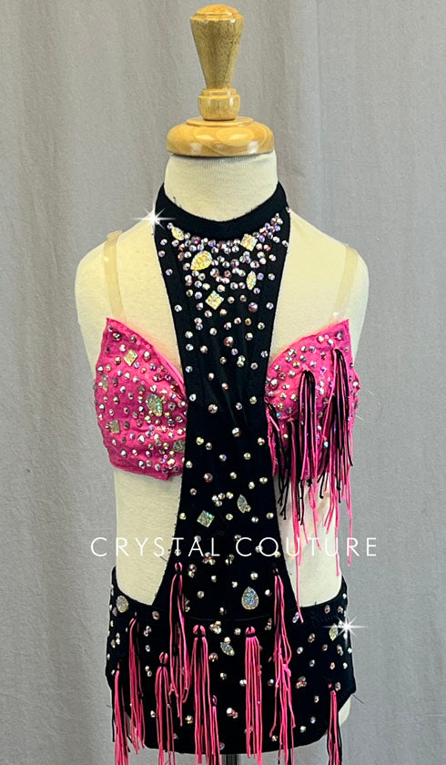 Custom Hot Pink and Black Connected Two Piece with Fringe Bundles - Rhinestones