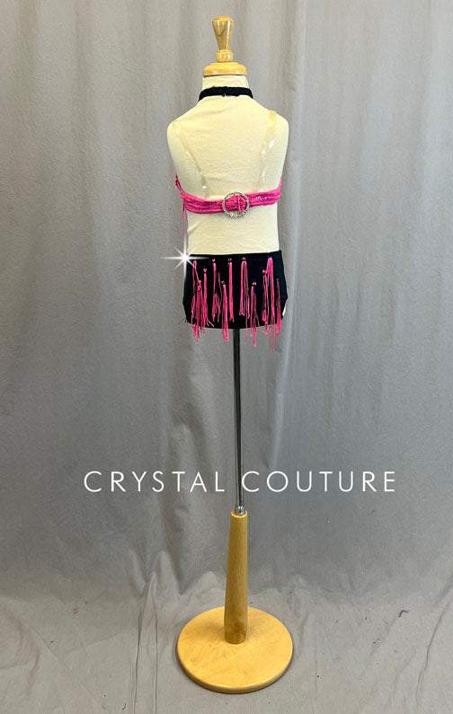 Custom Hot Pink and Black Connected Two Piece with Fringe Bundles - Rhinestones