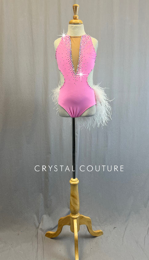 Custom Bright Baby Pink High Neck Leotard with Low Back and White Maribou Feathers.