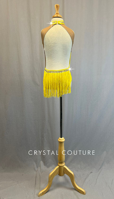 Custom Yellow Leotard with Nude Mesh Inserts and Fringe - Rhinestones