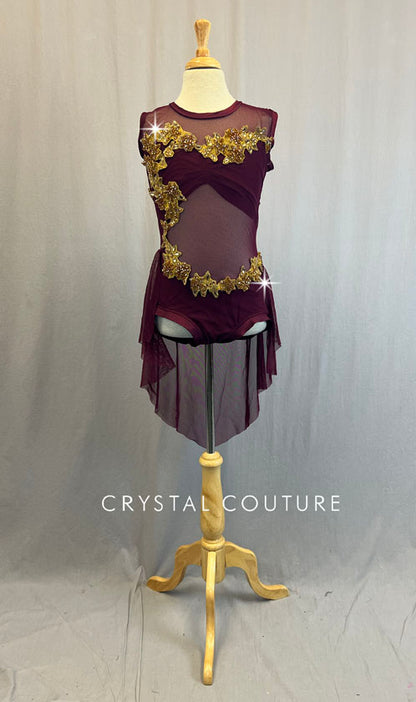 Custom Burgundy Cap Sleeve Leotard with Mesh Back Skirt and Gold Appliques