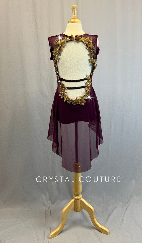 Custom Burgundy Cap Sleeve Leotard with Mesh Back Skirt and Gold Appliques