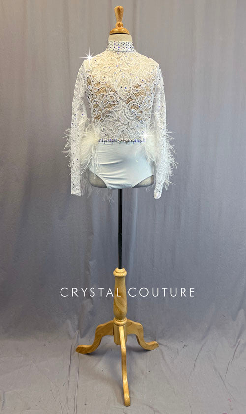 White Lace Leotard with Ostrich Feather Bustle - Rhinestones