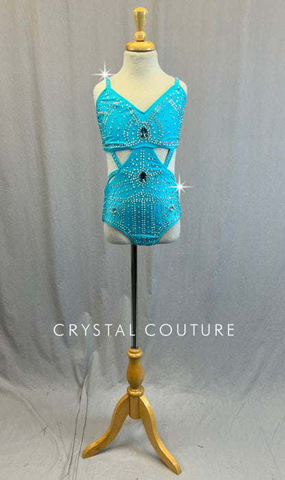 Aqua Blue Connected Two Piece with Strappy Details - Rhinestones