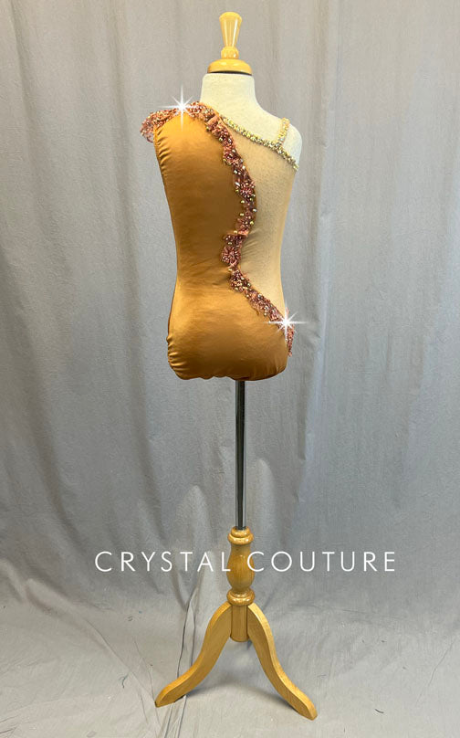 Custom Copper Asymmetrical Leotard with Mesh Inserts and Appliques - Rhinestones