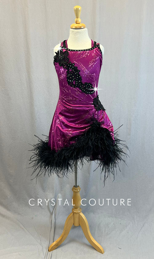 Custom Magenta Dress with Black Appliques and Feather Hem - Rhinestones