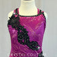 Custom Magenta Dress with Black Appliques and Feather Hem - Rhinestones