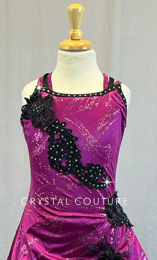 Custom Magenta Dress with Black Appliques and Feather Hem - Rhinestones