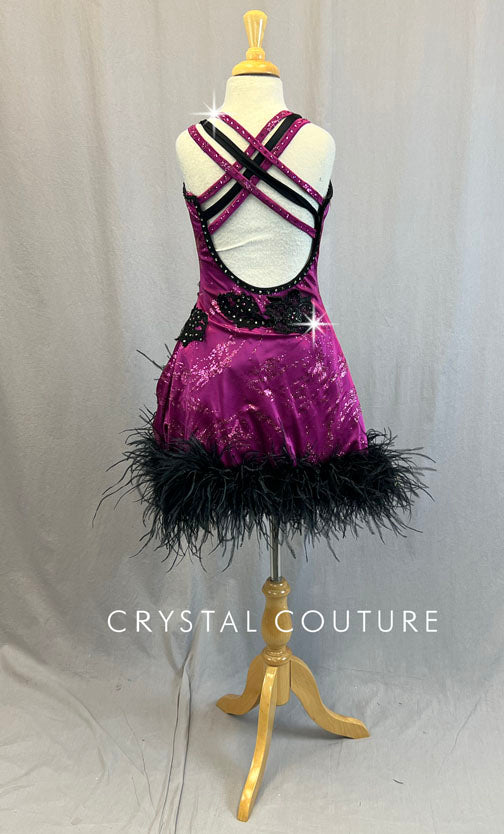 Custom Magenta Dress with Black Appliques and Feather Hem - Rhinestones