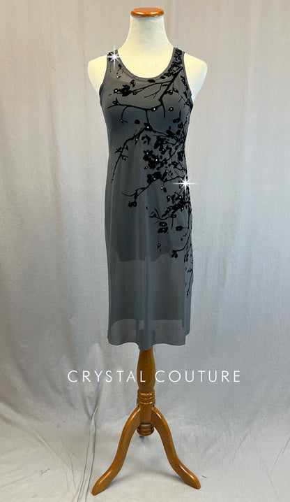 Grey Mesh Dress with Black Velvet Tree Print - Rhinestones