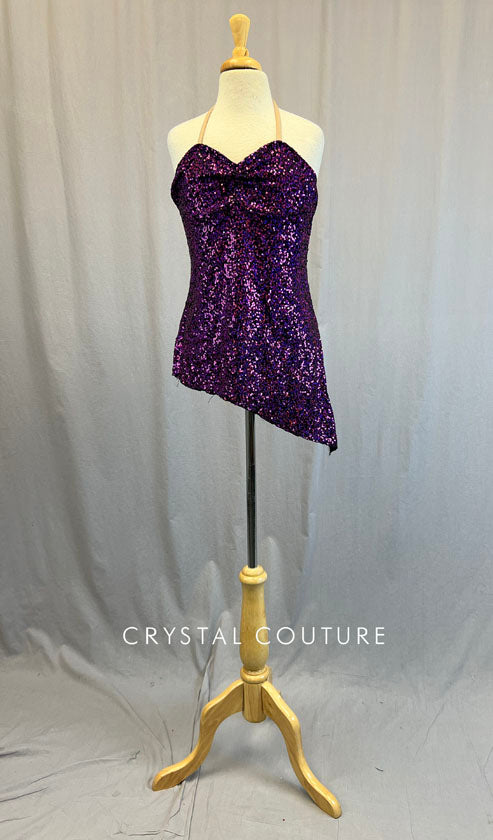 Custom Purple Sequined Halter Dress with Diagonal Hem