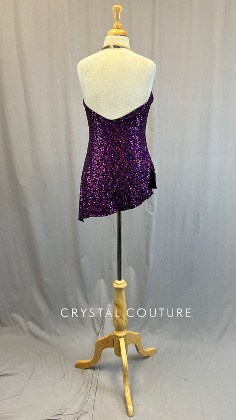 Custom Purple Sequined Halter Dress with Diagonal Hem