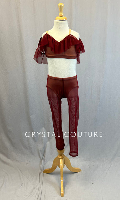 Custom Burgundy Top and Mesh Leggings with Off Shoulder Ruffle