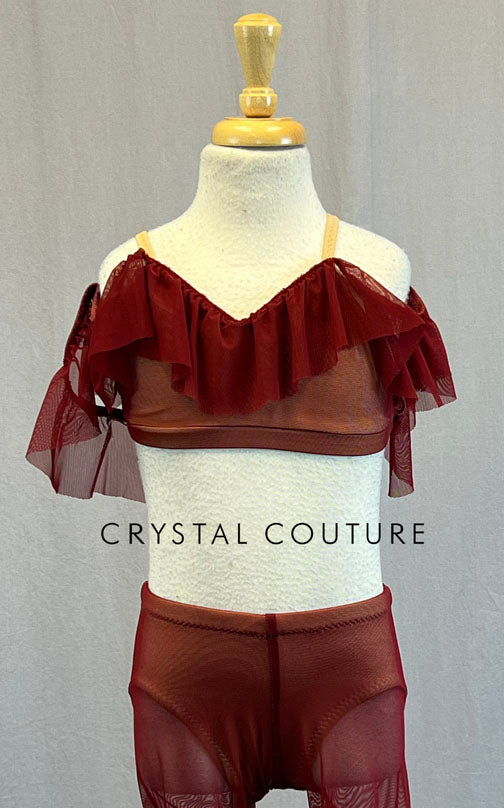 Custom Burgundy Top and Mesh Leggings with Off Shoulder Ruffle