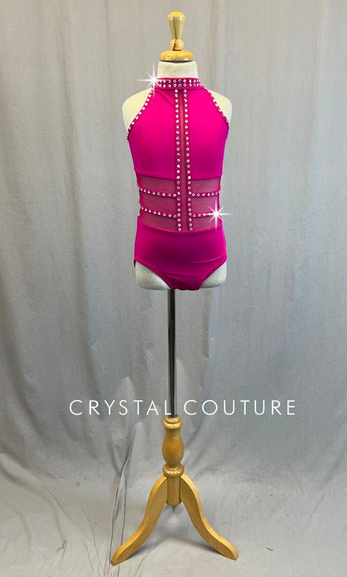 Hot Pink High Neck Leotard with Mesh Inserts - Rhinestones