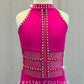 Hot Pink High Neck Leotard with Mesh Inserts - Rhinestones