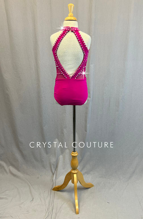 Hot Pink High Neck Leotard with Mesh Inserts - Rhinestones