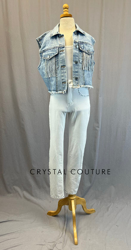 Light Wash Denim Vest with Fringe and White Stretch Jeans - Rhinestones