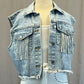 Light Wash Denim Vest with Fringe and White Stretch Jeans - Rhinestones