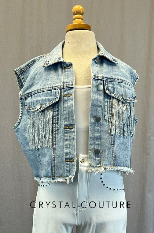 Light Wash Denim Vest with Fringe and White Stretch Jeans - Rhinestones