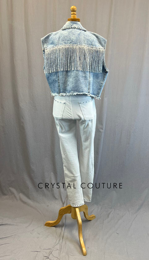 Light Wash Denim Vest with Fringe and White Stretch Jeans - Rhinestones