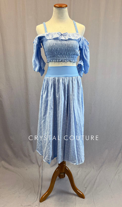 Light Blue Ruched Cold Shoulder Top and Long Skirt - Rhinestones