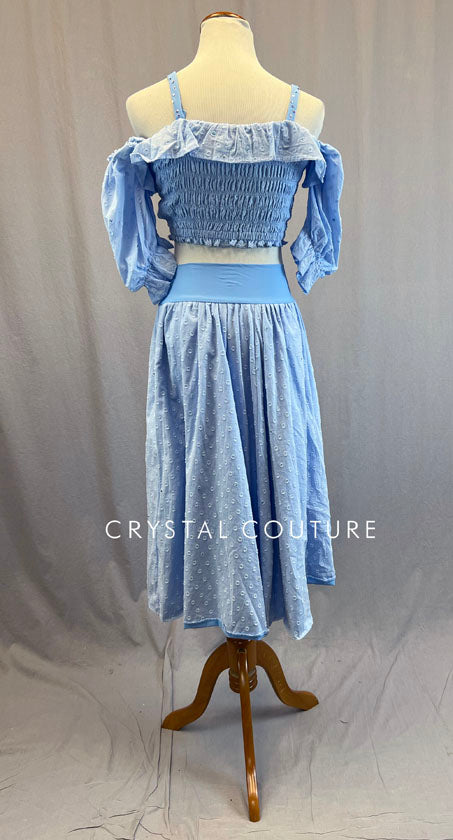 Light Blue Ruched Cold Shoulder Top and Long Skirt - Rhinestones