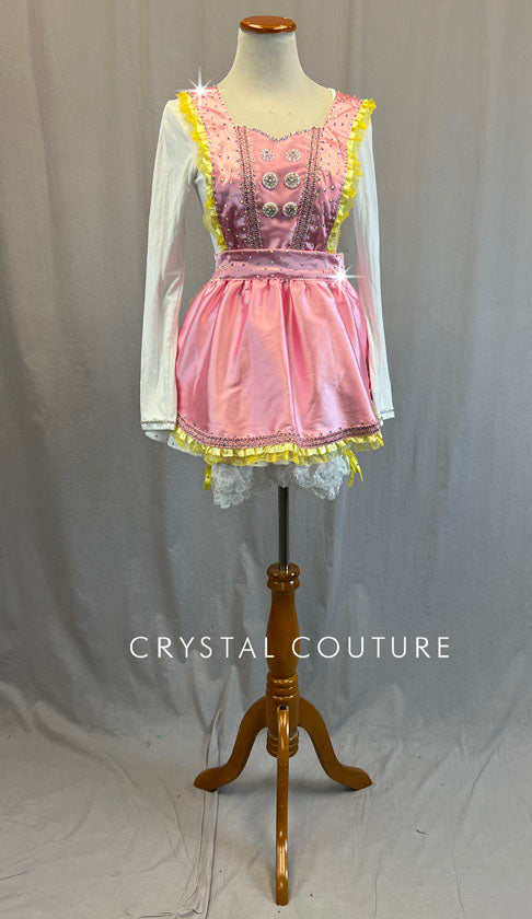 Custom Pink Satin Apron with Ruffles and White Leotard - Rhinestones