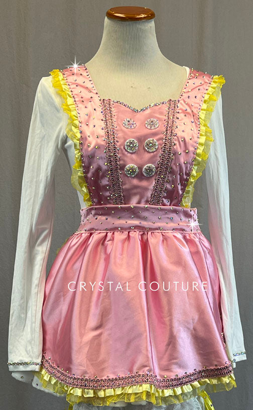 Custom Pink Satin Apron with Ruffles and White Leotard - Rhinestones