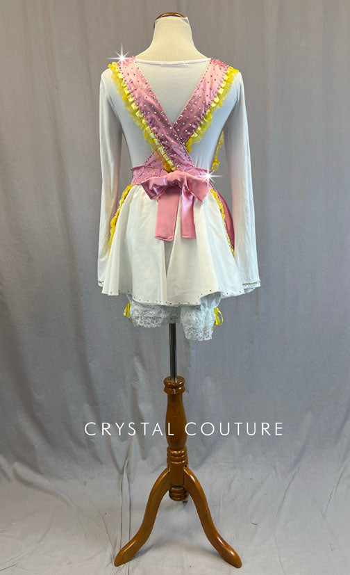 Custom Pink Satin Apron with Ruffles and White Leotard - Rhinestones