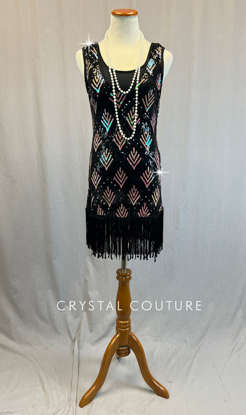 Black & Iridescent Flapper Dress with Fringe Hem and Pearls - Rhinestones