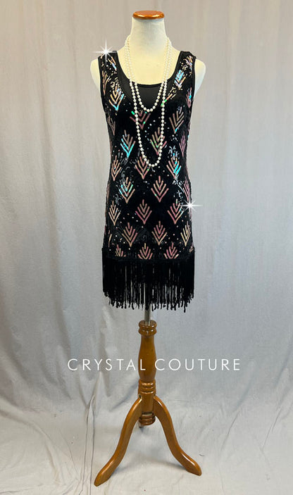 Black & Iridescent Flapper Dress with Fringe Hem and Pearls - Rhinestones