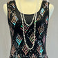 Black & Iridescent Flapper Dress with Fringe Hem and Pearls - Rhinestones