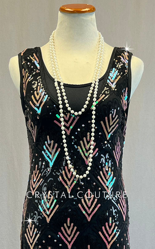 Black & Iridescent Flapper Dress with Fringe Hem and Pearls - Rhinestones