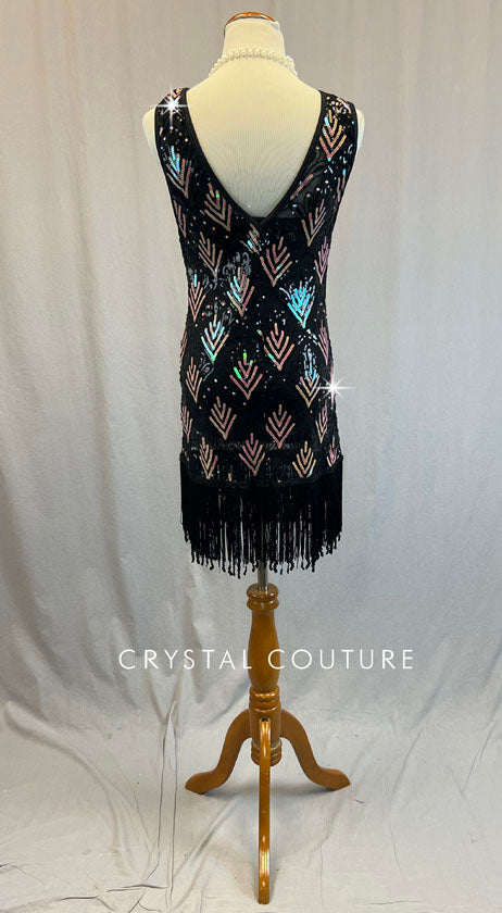 Black & Iridescent Flapper Dress with Fringe Hem and Pearls - Rhinestones