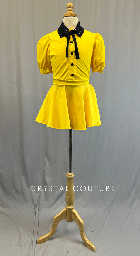 Yellow Puff Sleeve Button Up Top and Skirt with Black Collar - Rhinestones