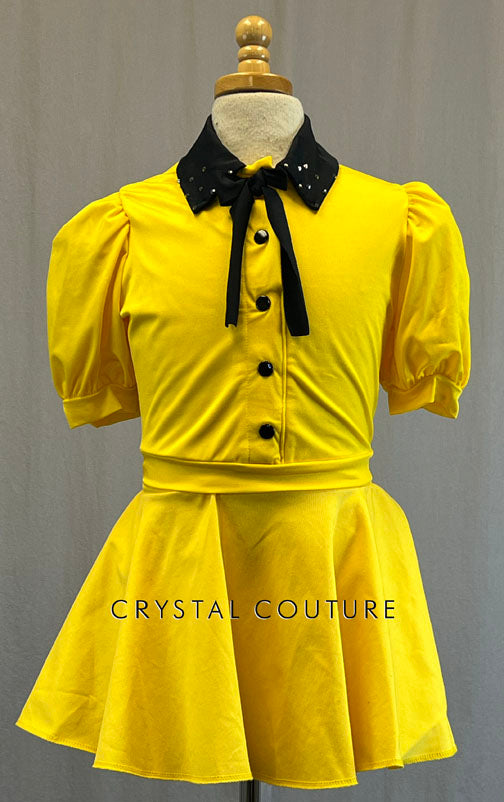 Yellow Puff Sleeve Button Up Top and Skirt with Black Collar - Rhinestones