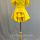 Yellow Puff Sleeve Button Up Top and Skirt with Black Collar - Rhinestones