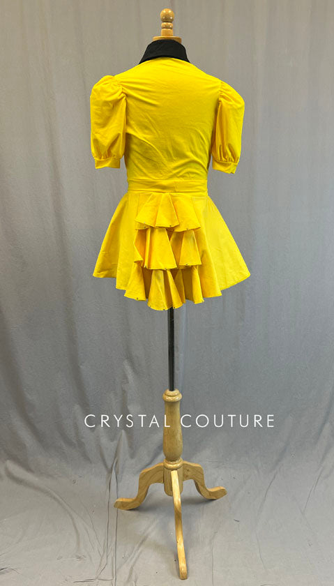 Yellow Puff Sleeve Button Up Top and Skirt with Black Collar - Rhinestones