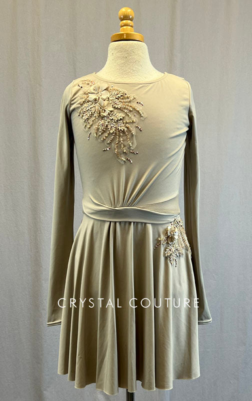 Taupe Long Sleeve Jersey Dress with Appliques - Rhinestones